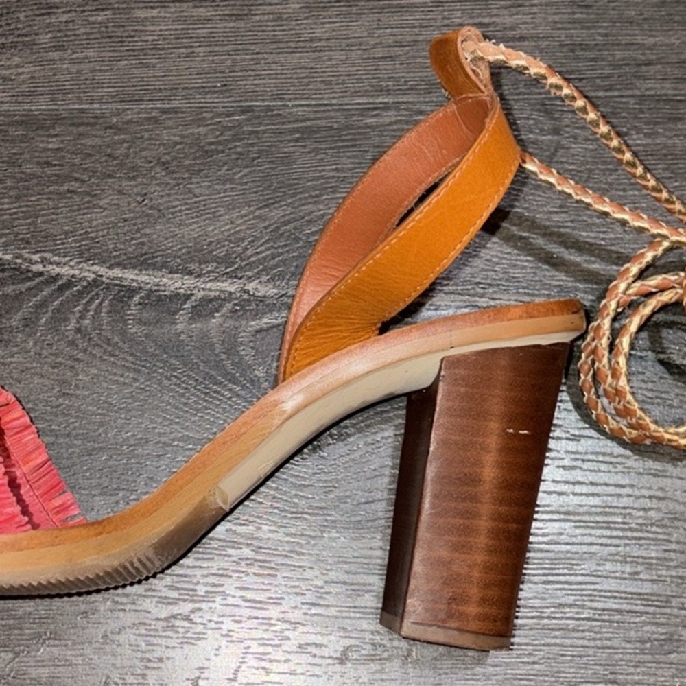 J. Crew Raffia Ankle Tie Block Heel Sandal Size 7 Tan/Pink/Gold - Picture 8 of 15